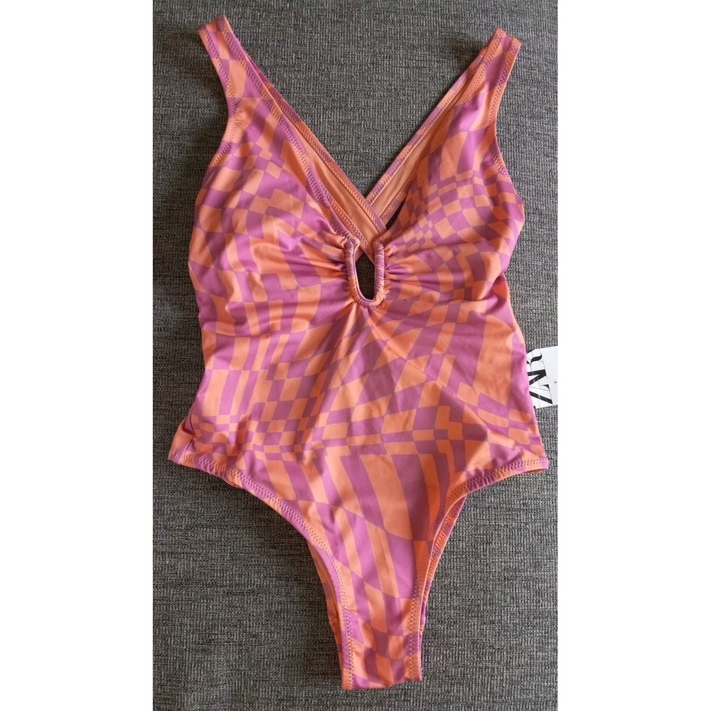 Zara Women Pink Orange Phycadelic One Piece Swimsuit Size Small